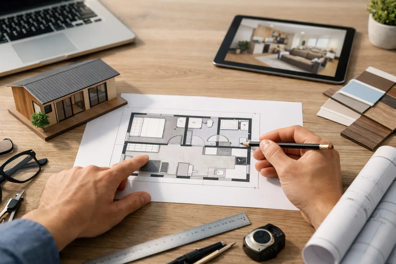 Architecte d'intérieur étudiant le plan d'un logement avec maquette, échantillons de matériaux et tablette pour une rénovation totale